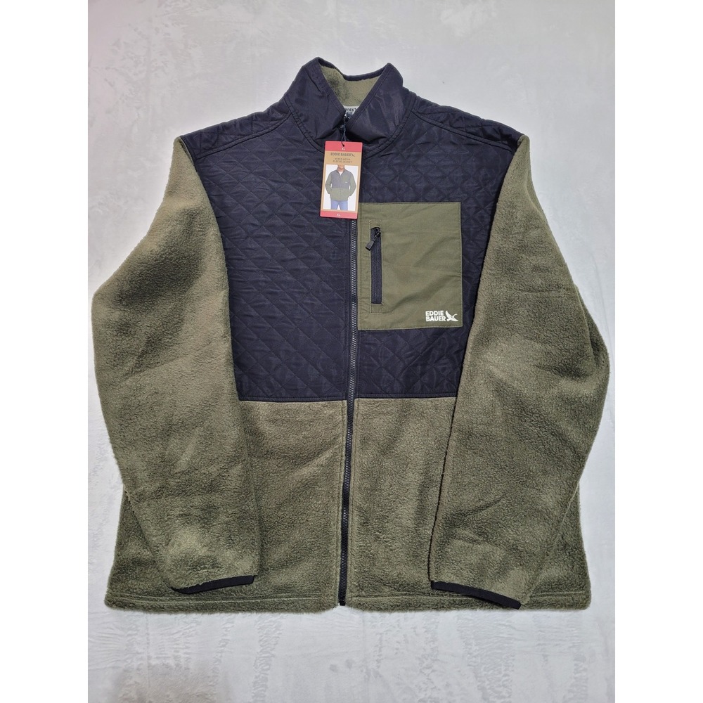 NWT Eddie‎ Bauer Mixed Media Fleece Jacket Mens XL Green New Quilted  Zip Up